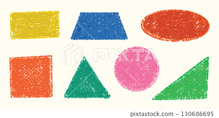 Colored geometric shapes. Square and circle crayon pencil figures. Vector pastel triangle with chalk texture. Kids hand drawn cartoon rectangle 130686695