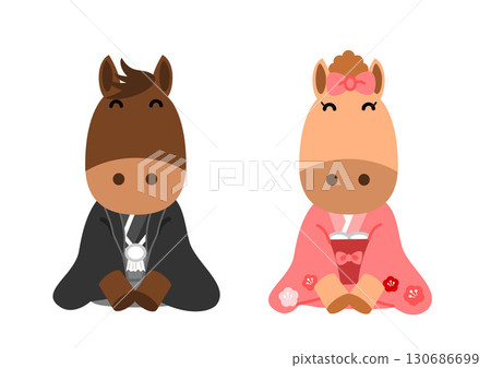 Illustration of a horse in a kimono sitting upright Illustration of a horse in a kimono sitting upright 130686699