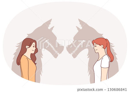 Woman werewolves with bad intentions smile, hiding evil nature and desire to harm partner 130686841