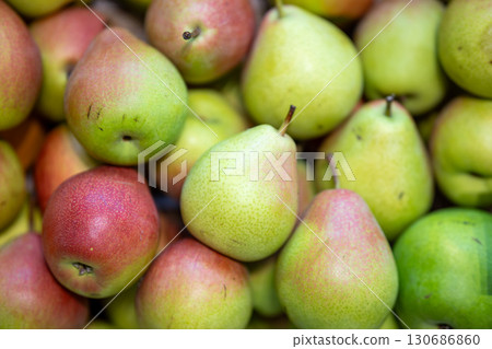 Background of ripe pears lying on a wooden surface. Background of ripe pears lying on a wooden surface. 130686860