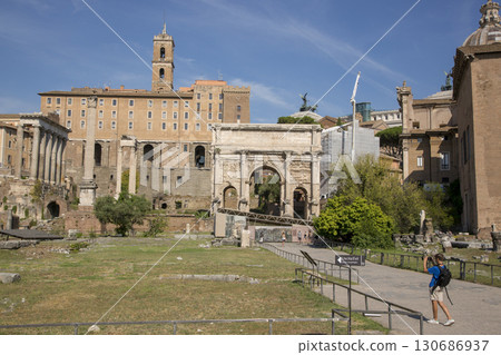 Rome, Italy - August 17, 2019: View of the ancient structures of the Roman Forum 130686937