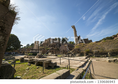 Rome, Italy - August 17, 2019: View of the ancient structures of the Roman Forum 130686943