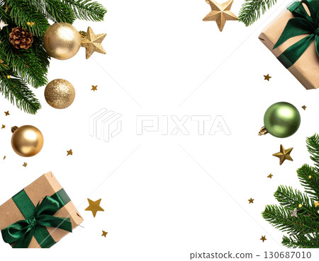 Colorful Christmas tree branches decorated with holiday ornaments and sparkling balls isolated on white background. 130687010