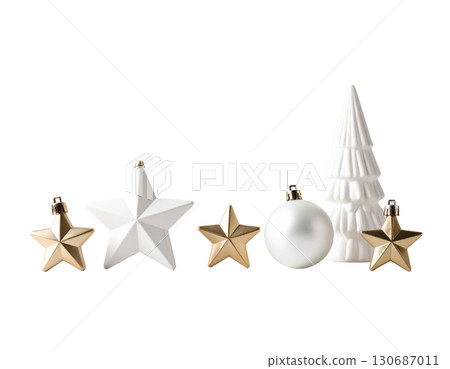 Golden Christmas tree decorated with stars, festive decoration for winter celebration isolated on white background. Golden Christmas tree decorated with stars, festive decoration for winter celebration isolated on white background. 130687011