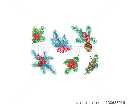 Colorful Christmas tree branches decorated with holiday ornaments and sparkling balls isolated on white background. 130687016