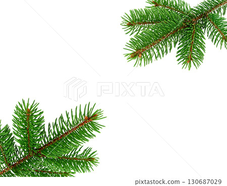Colorful Christmas tree branches decorated with holiday ornaments and sparkling balls isolated on white background. 130687029