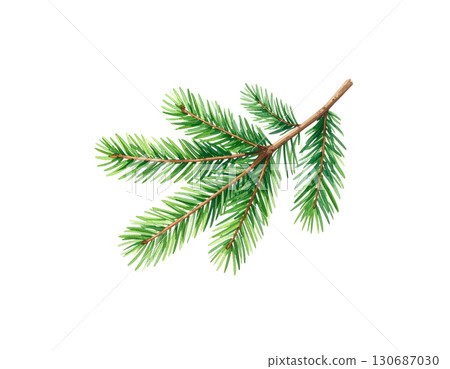 Colorful Christmas tree branches decorated with holiday ornaments and sparkling balls isolated on white background. 130687030