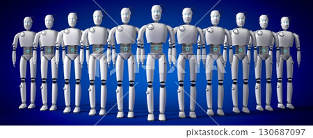 Many humanoid robots - 3D illustration 130687097