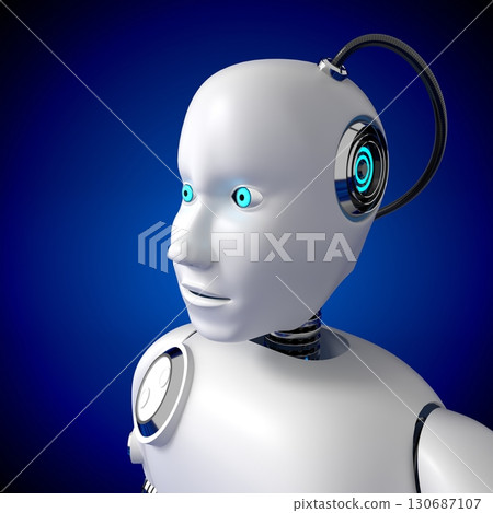 Single humanoid robot - close-up on head - 3D illustration 130687107