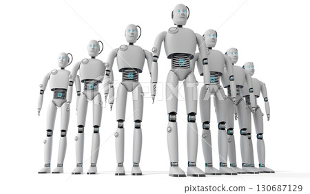 Many humanoid robots - 3D illustration 130687129