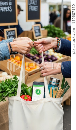 Woman with Canvas Tote Bag Full of Fresh Produce at a Farmers Market Promoting Sustainable Shopping 130687150