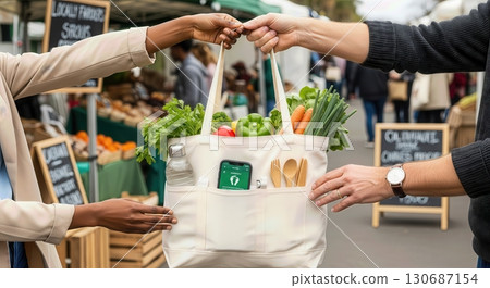 Woman with Canvas Tote Bag Full of Fresh Produce at a Farmers Market Promoting Sustainable Shopping 130687154