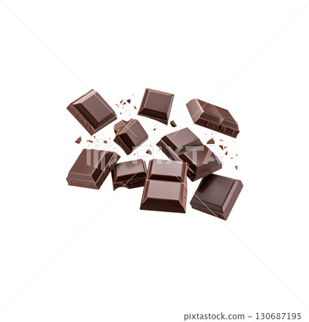 A delectable, isolated chocolate bar with gourmet pieces is a sweet, dark snack on a white background A delectable, isolated chocolate bar with gourmet pieces is a sweet, dark snack on a white background 130687195