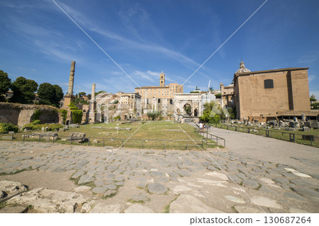 Rome, Italy - August 17, 2019: View of the ancient structures of the Roman Forum 130687264