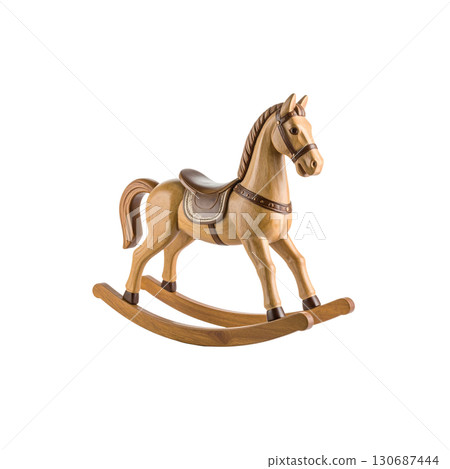 Cute brown vintage wooden rocking horse sits on a white background. 130687444