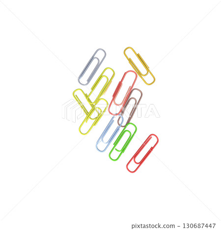 Colorful paper clips arranged in separate groups on a white background. 130687447