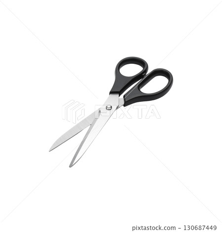 A sharp, stainless steel pair of scissors with black handles is isolated on a white background 130687449