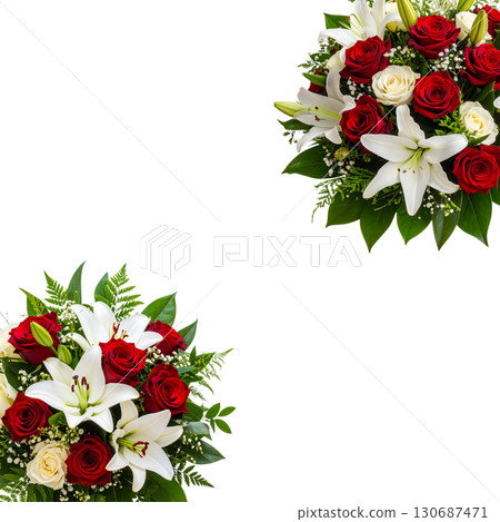 A beautiful bouquet of red roses with holly berries and leaves, perfect for a winter border at Christmas. A beautiful bouquet of red roses with holly berries and leaves, perfect for a winter border at Christmas. 130687471