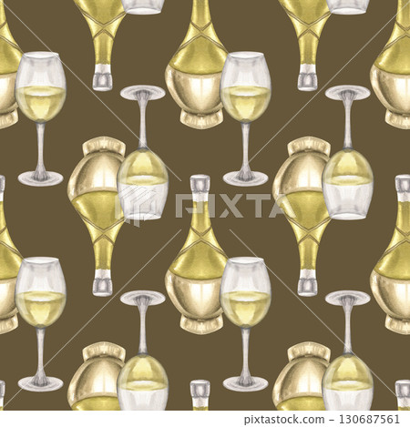 Beverage watercolor seamless pattern on brown with wine bottle and glass illustration. Hand drawn winery background, Italian traditional drink clipart for product packing,wallpaper, textile design 130687561