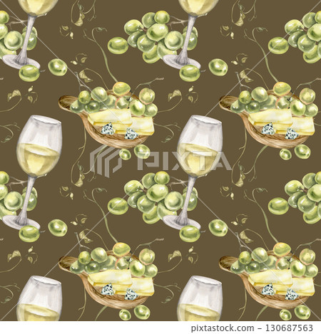 Winery and cheese plate watercolor seamless pattern with wine glass,green grape fruits and cheese pieces illustration. Hand drawn food and drink background for kitchen textile,fabric design 130687563