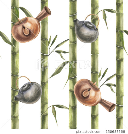 Kitchen textile seamless pattern with watercolor bamboo green sticks and japanese tea pots illustration. Hand drawn oriental floral background with geometric elements, Asian culture clipart 130687566