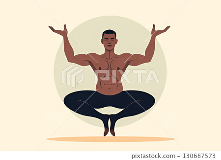Abstract silhouette of a muscular man meditating in lotus pose with raised arms, yoga illustration 130687573