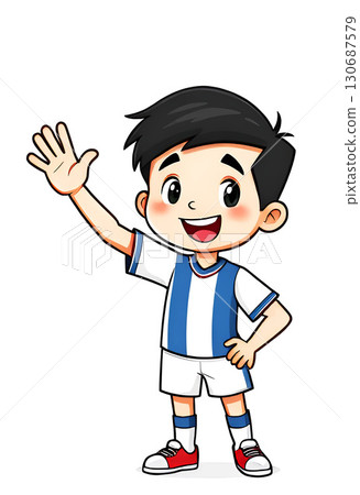 a smiling young boy with black hair, in a blue and white striped shirt, white shorts, and red shoes a smiling young boy with black hair, in a blue and white striped shirt, white shorts, and red shoes 130687579