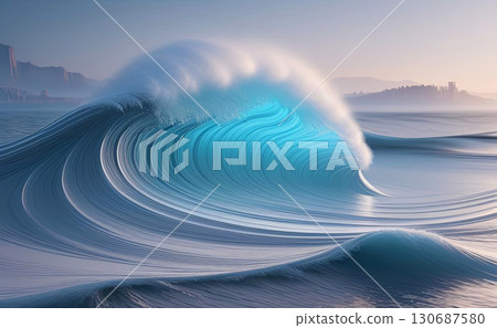A stunning giant ocean wave in shades of blue crashing gracefully, with a misty city background A stunning giant ocean wave in shades of blue crashing gracefully, with a misty city background 130687580