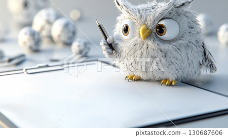 A wise owl holding a clipboard and pen beside a large investment flowchart 130687606