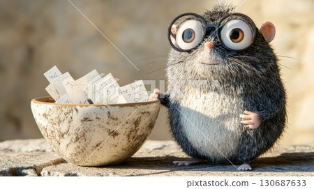 A warm-eyed mole character wearing glasses beside a ceramic bowl of folded encouragement notes 130687633