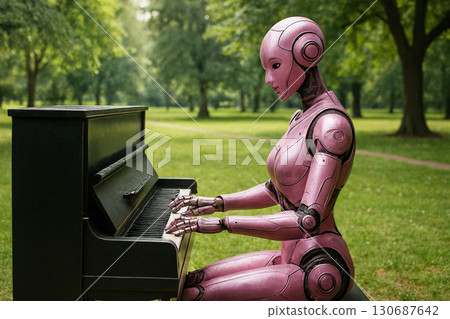 A robot playing the piano in the shade 130687642