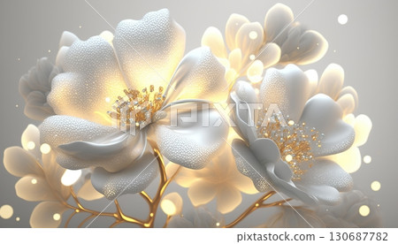 White flowers with gold.3d Beautiful background with flowers.Generative ai. White flowers with gold.3d Beautiful background with flowers.Generative ai. 130687782