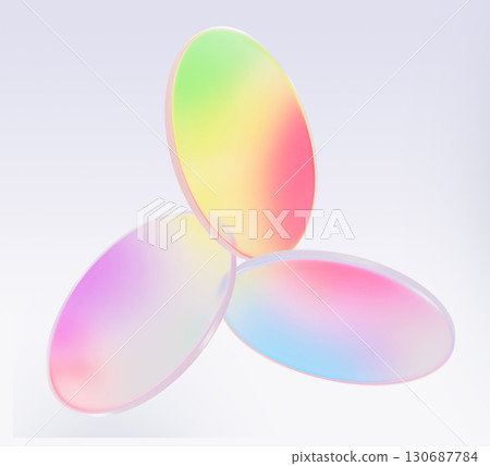 Rainbow glass circle discs 3d composition with holographic translucent gradient. Pearlescent plastic oval plates, crystal color lens, round disks or cylinders, isolated design element. 3D illustration 130687784
