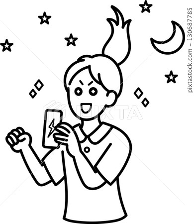 Illustration of a nurse drinking an energy drink to stay awake during the night shift (line drawing only) 130687785