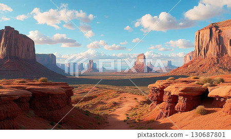 Majestic Red Rock Desert Landscape with Blue Sky and White Clouds in Monument Valley 130687801