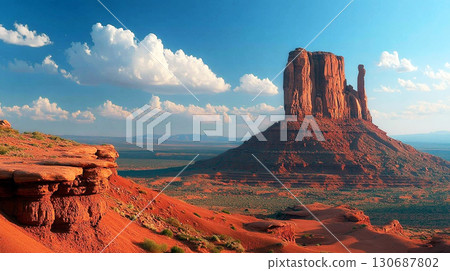 Majestic Red Rock Desert Landscape with Blue Sky and White Clouds in Monument Valley 130687802