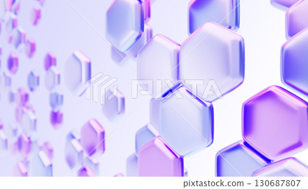 Abstract hexagon pattern perspective. Render 3d background with glass holographic honeycomb design. Futuristic digital technology bg with random hexagonal shapes, purple blue gradient. 3D illustration 130687807