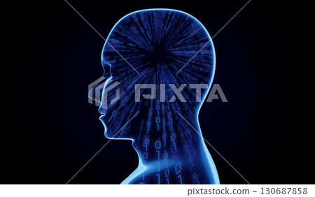 Geometrical man face with binary code - 3D illustration Geometrical man face with binary code - 3D illustration 130687858