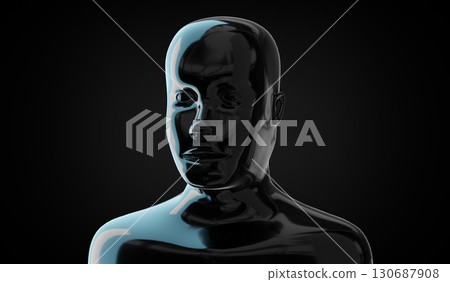 Geometrical, metallic human face on black background - 3D illustration Geometrical, metallic human face on black background - 3D illustration 130687908