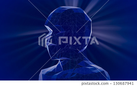 Geometrical wireframe man face and rays of light - 3D illustration 130687941