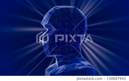 Geometrical wireframe man face and rays of light - 3D illustration 130687942