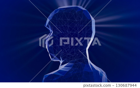 Geometrical wireframe man face and rays of light - 3D illustration 130687944