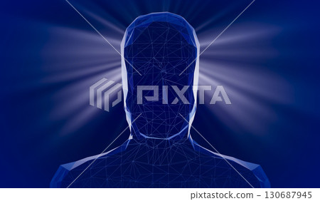 Geometrical wireframe man face and rays of light - 3D illustration 130687945