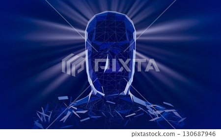 Geometrical wireframe man face and rays of light - 3D illustration Geometrical wireframe man face and rays of light - 3D illustration 130687946