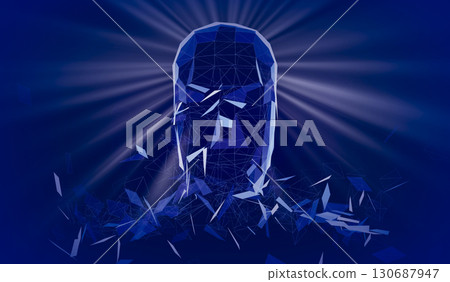 Geometrical wireframe man face and rays of light - 3D illustration Geometrical wireframe man face and rays of light - 3D illustration 130687947