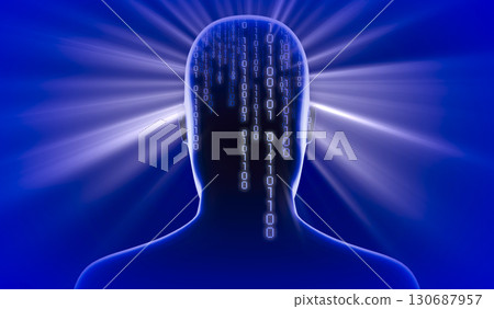 Geometrical man face with binary code and rays of light - 3D illustration Geometrical man face with binary code and rays of light - 3D illustration 130687957
