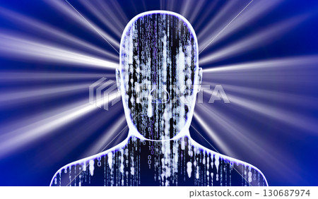 Geometrical man face with binary code and rays of light - 3D illustration 130687974