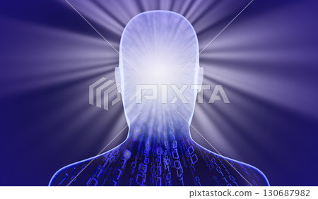 Geometrical man face with binary code and rays of light - 3D illustration Geometrical man face with binary code and rays of light - 3D illustration 130687982