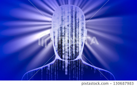 Geometrical man face with binary code and rays of light - 3D illustration Geometrical man face with binary code and rays of light - 3D illustration 130687983