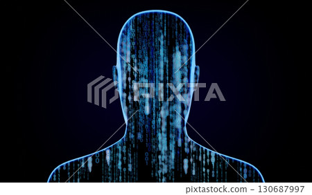Geometrical man face with binary code - 3D illustration 130687997